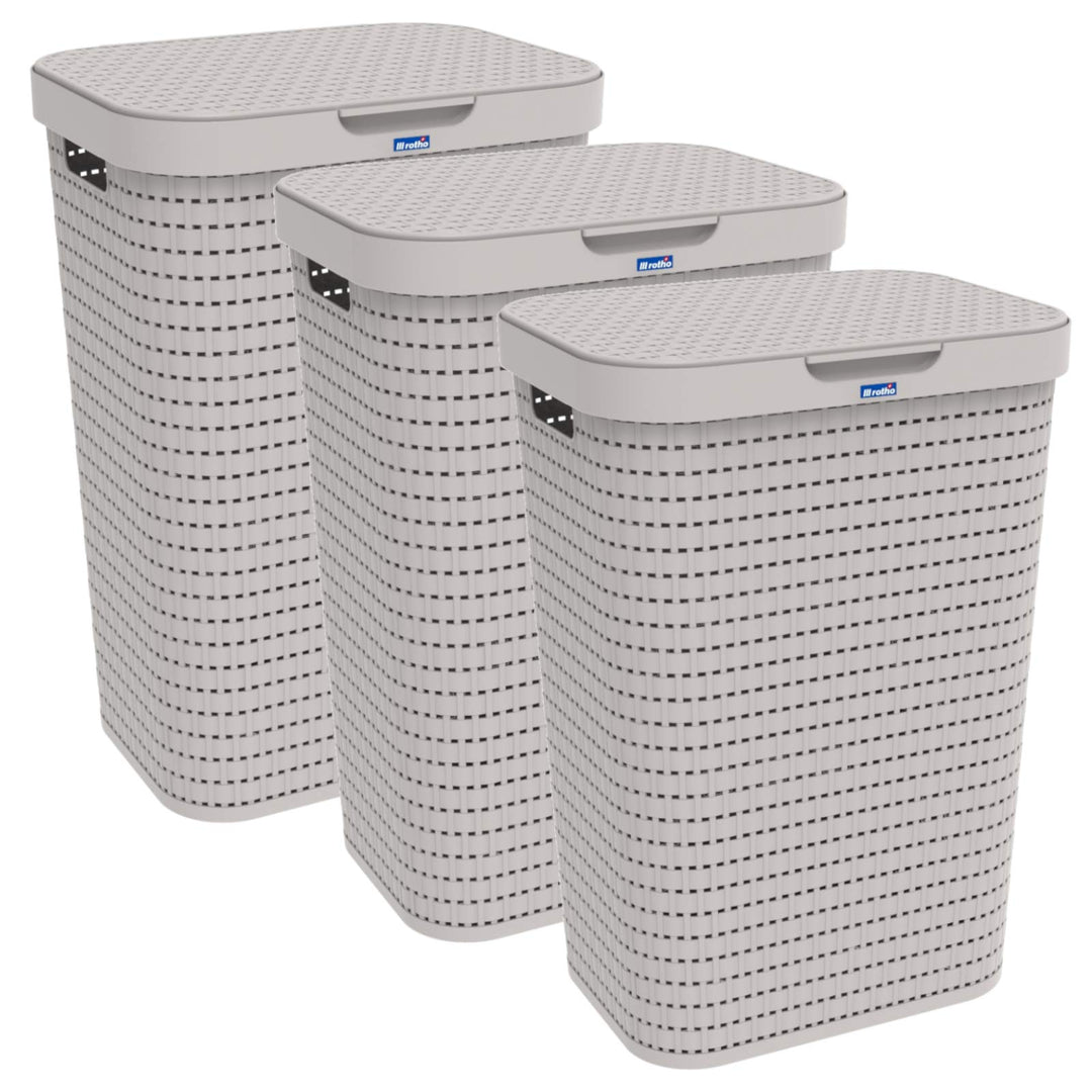 3er-Set Wäschesammler 55l mit Deckel Beige, Beige