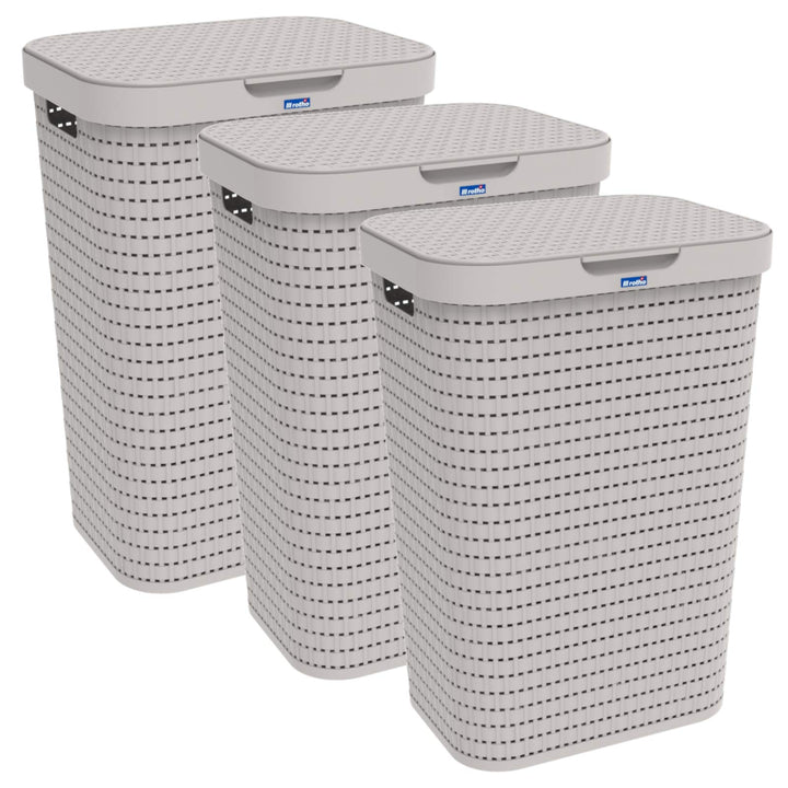 3er-Set Wäschesammler 55l mit Deckel Beige, Beige