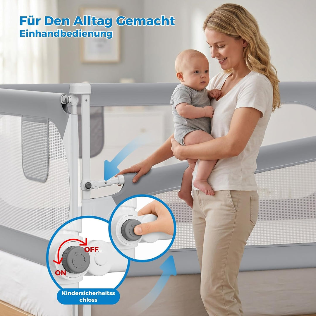 3-Seiten Rausfallschutz Bett für Kinder - Höhenverstellbares Bettschutzgitter mit Kopfteilstange, Be