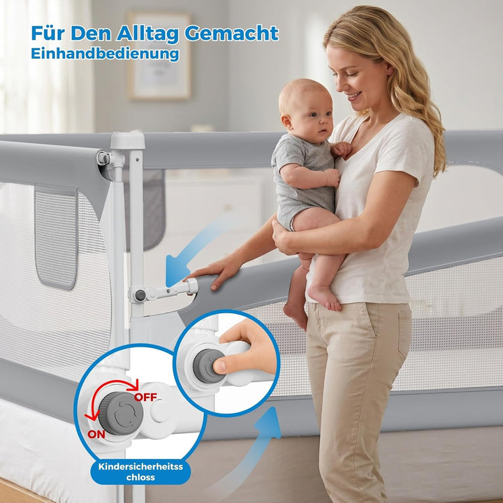 3-Seiten Rausfallschutz Bett für Kinder - Höhenverstellbares Bettschutzgitter mit Kopfteilstange, Be