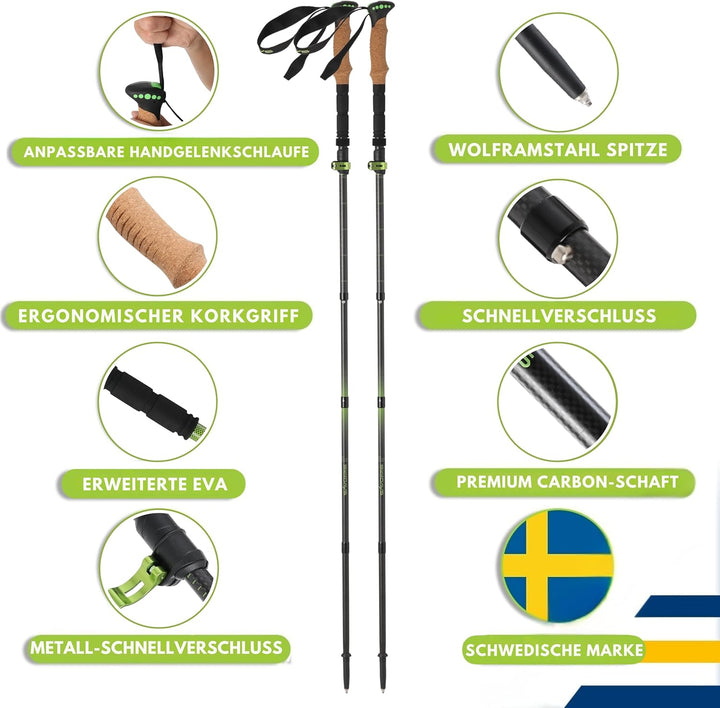 Wanderstöcke Faltbar Carbon oder Aluminium mit Korkgriff, Nordic Walking Stöcke Damen &Herren, Leich