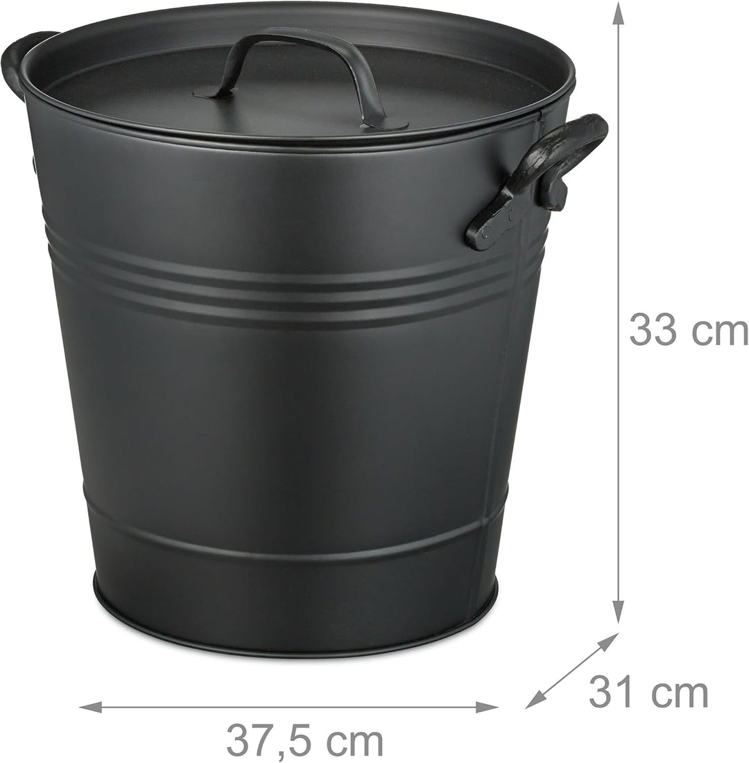 Relaxdays Ascheeimer mit Deckel, 19 Liter, runde Aschetonne mit Griffen, für Kohle & Asche, Kamin, O