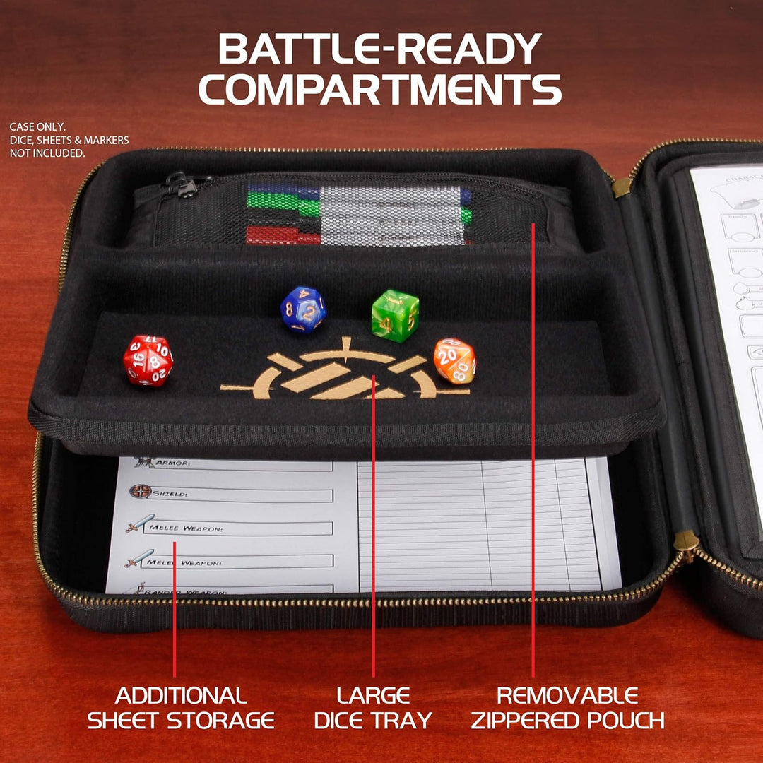 ENHANCE RPG-Organizer-Etui – DND-Ordner mit integriertem Charakterbogenhalter, Würfelrollbereich, he