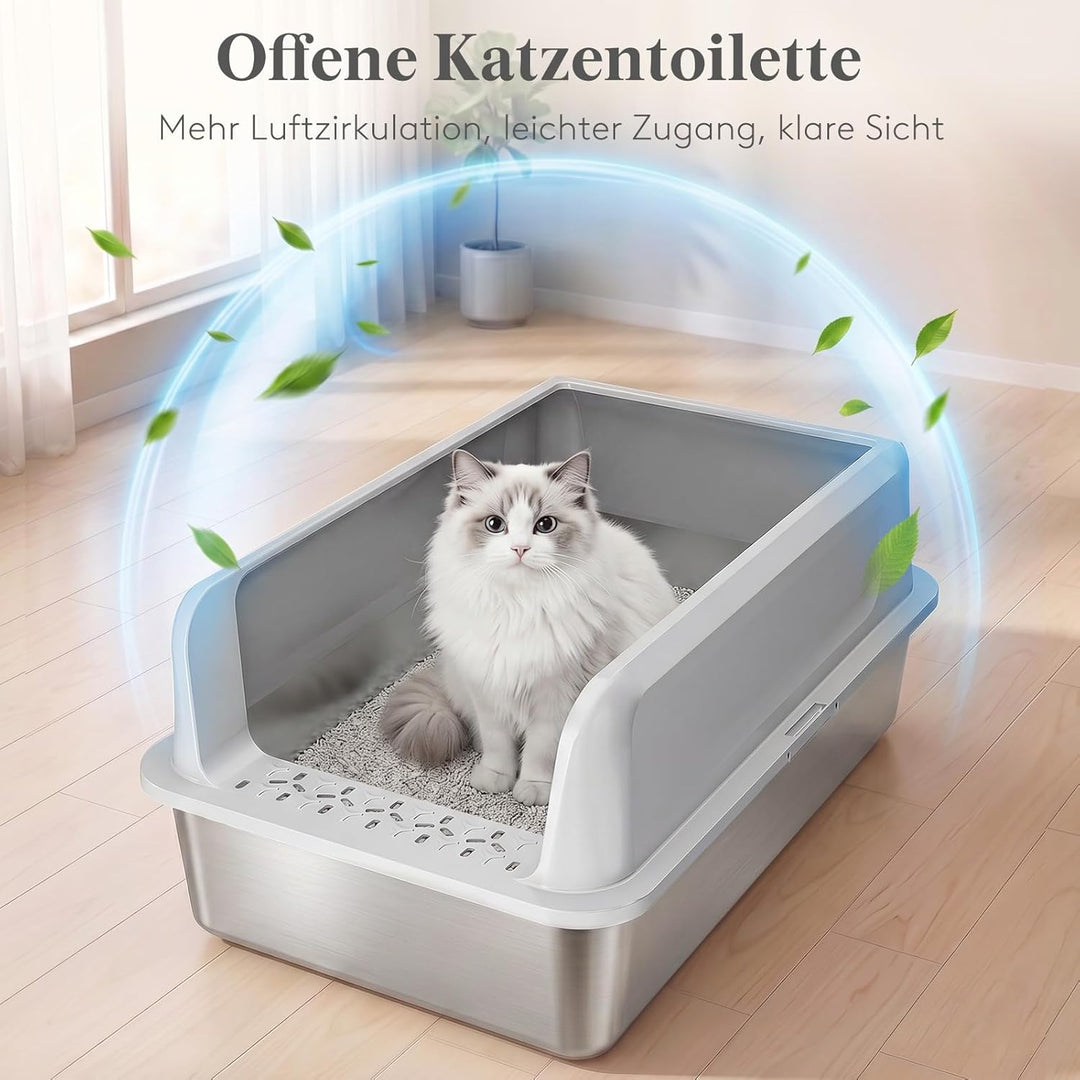 Lifewit Grosse Katzenklo Edelstahl mit Schaufel, Offene Katzentoilette mit hohem Rand für Mittelgros