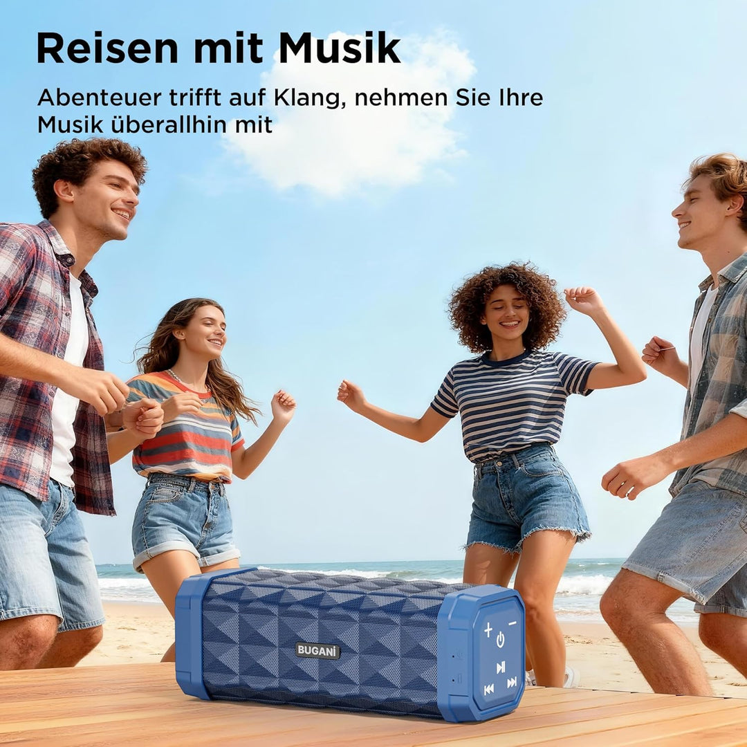 BUGANI Bluetooth Lautsprecher, Musikbox Bluetooth mit 5.4, 24H Stunden Akku, Bass-Treibern, IPX5 Was