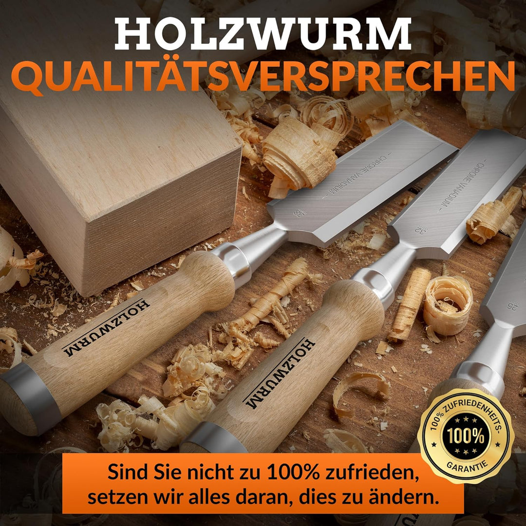 HOLZWURM Profi Stechbeitel-Satz für Holz, Stemmeisen-Set mit Schleifstein, 6 Meissel, Anleitung zum