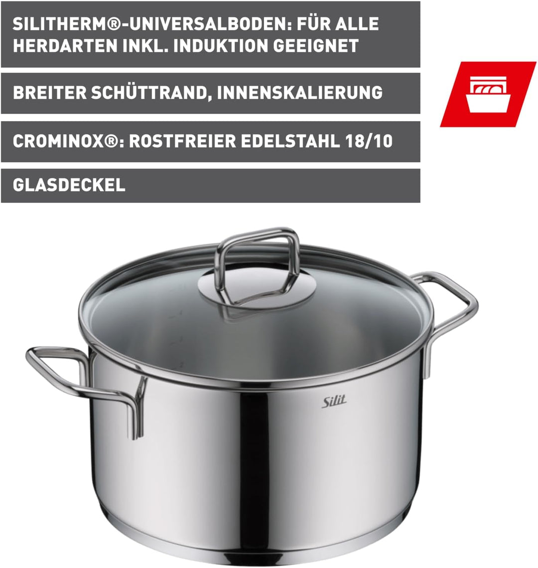 Silit Extra Cook, Kochtopf 24 cm mit Glasdeckel, Innenskalierung, breiter Schüttrand, hochwertiger s