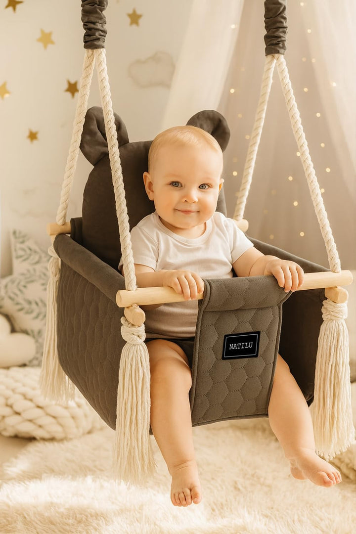 NATILU® Babyschaukel Set Indoor Outdoor | Bär Quilted Graphite | Schaukel | Kinderschaukel | Kinderg