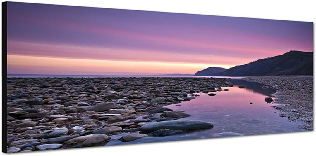 Paul Sinus Art Panoramabild auf Leinwand und Keilrahmen 150x50cm England Wasser Steine Berge Sonnena