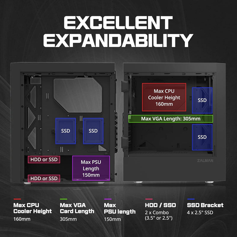 Zalman T7 PC Gehäuse Midi Tower ATX, Mesh Front 2xLüfter, Glas Seitenwand, Schwarz