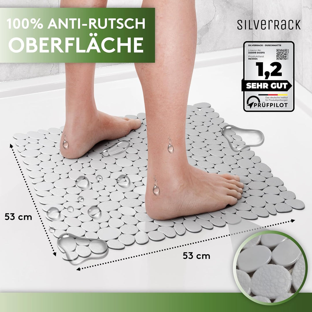 SilverRack Duschmatte rutschfest 53x53 cm (Grau Kiesel Steinoptik) - Antirutschmatte Dusche BPA frei