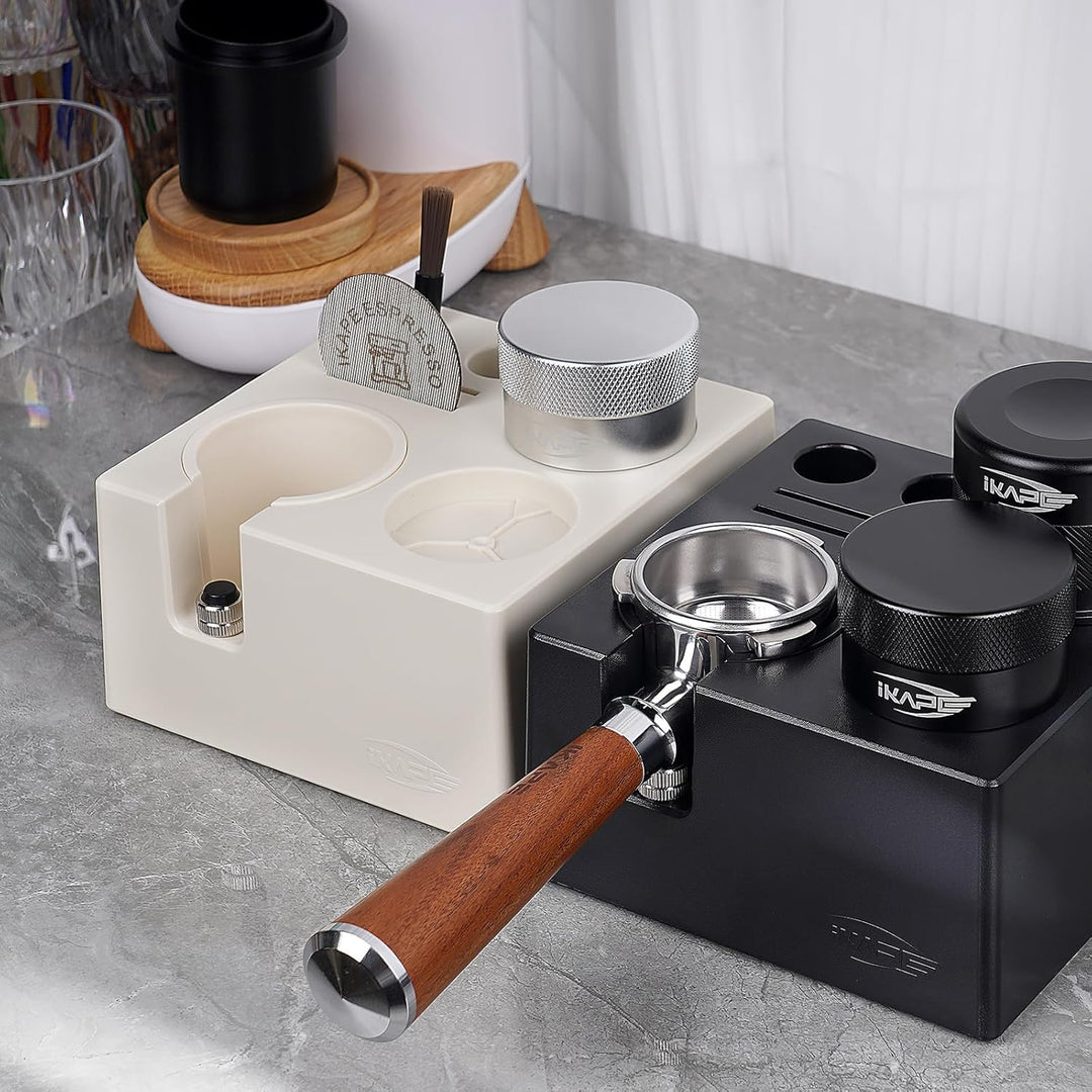 IKAPE Espresso-Tamper-Station – Schwarze Tamping-Station aus Kunststoff, Tamper-Halterung und Siebtr