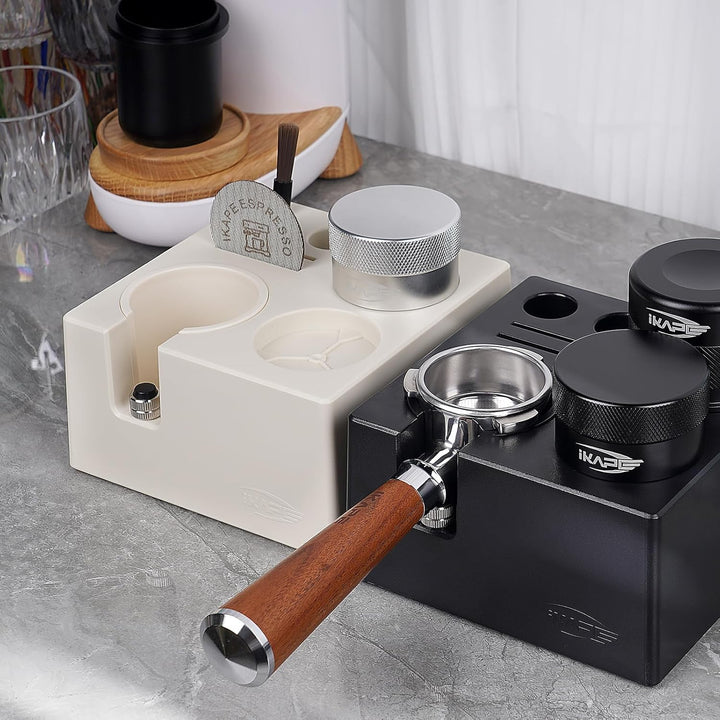IKAPE Espresso-Tamper-Station – Schwarze Tamping-Station aus Kunststoff, Tamper-Halterung und Siebtr