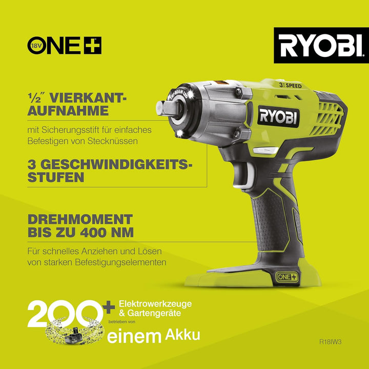 RYOBI 18 V ONE+ Akku-Schlagschrauber R18IW3-0 (max. Drehmoment 400 Nm, 1/2 Zoll Vierkant-Aufnahme, 3