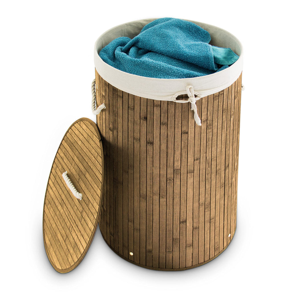 Relaxdays Wäschekorb Bambus, Faltbare Wäschetonne mit Deckel, Volumen 70l, Wäschesack Baumwolle, run