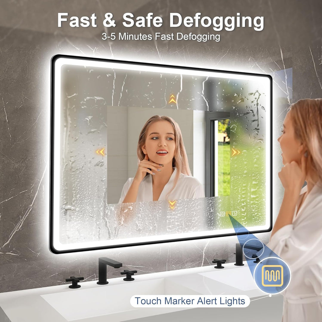 STARLEAD 70x100cm Schwarz LED-Badspiegel-mit-Beleuchtung und Bluetooth, Entfoggen, Dimmbar, 3 Lichtf