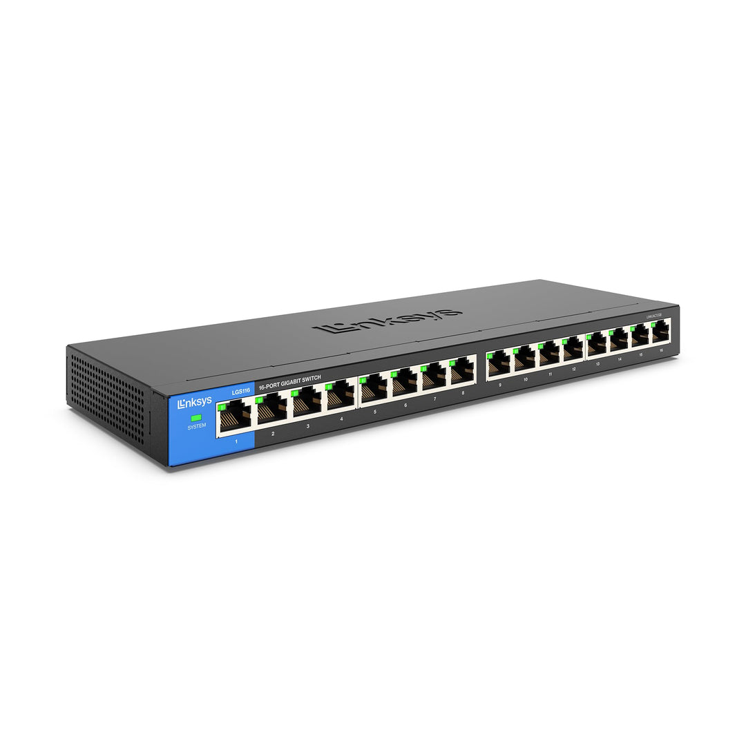 Linksys LGS116-EU 16-Port Unmanaged Gigabit-Netzwerk-Switch – Ethernet-Switch/Hub mit Metallgehäuse,