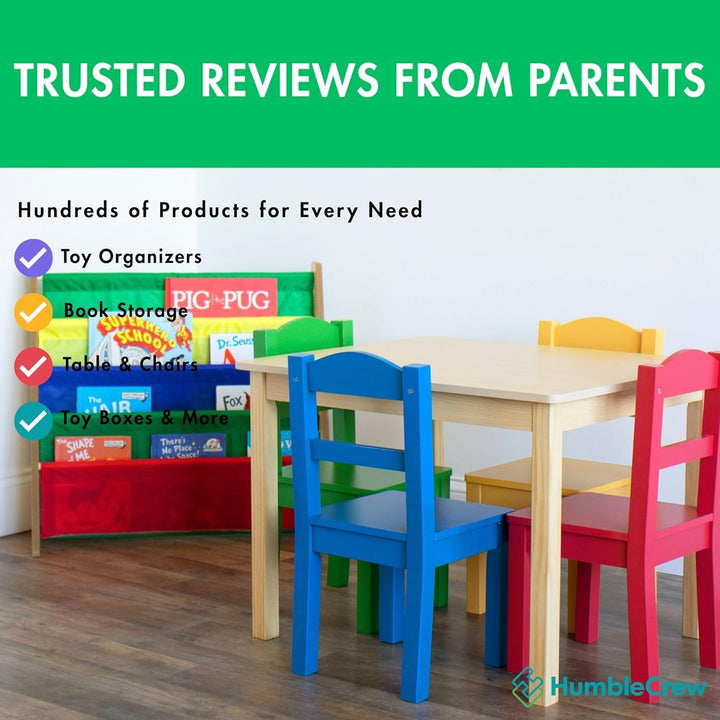 Humble Crew Kinder-Bücherregal aus Holz mit 4 Taschen, Natur- und Mehrfarbig Natural Wood/Primary, N