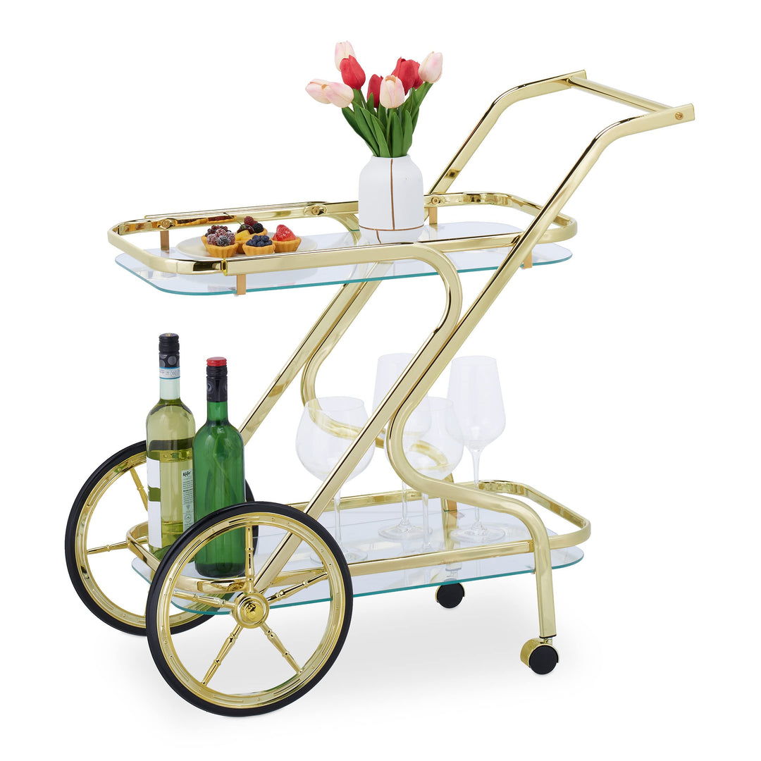 Relaxdays Servierwagen, 2 Etagen, Küchenwagen mit Rädern & Rollen, Glas & Eisen, HBT: 80 x 43 x 85 c