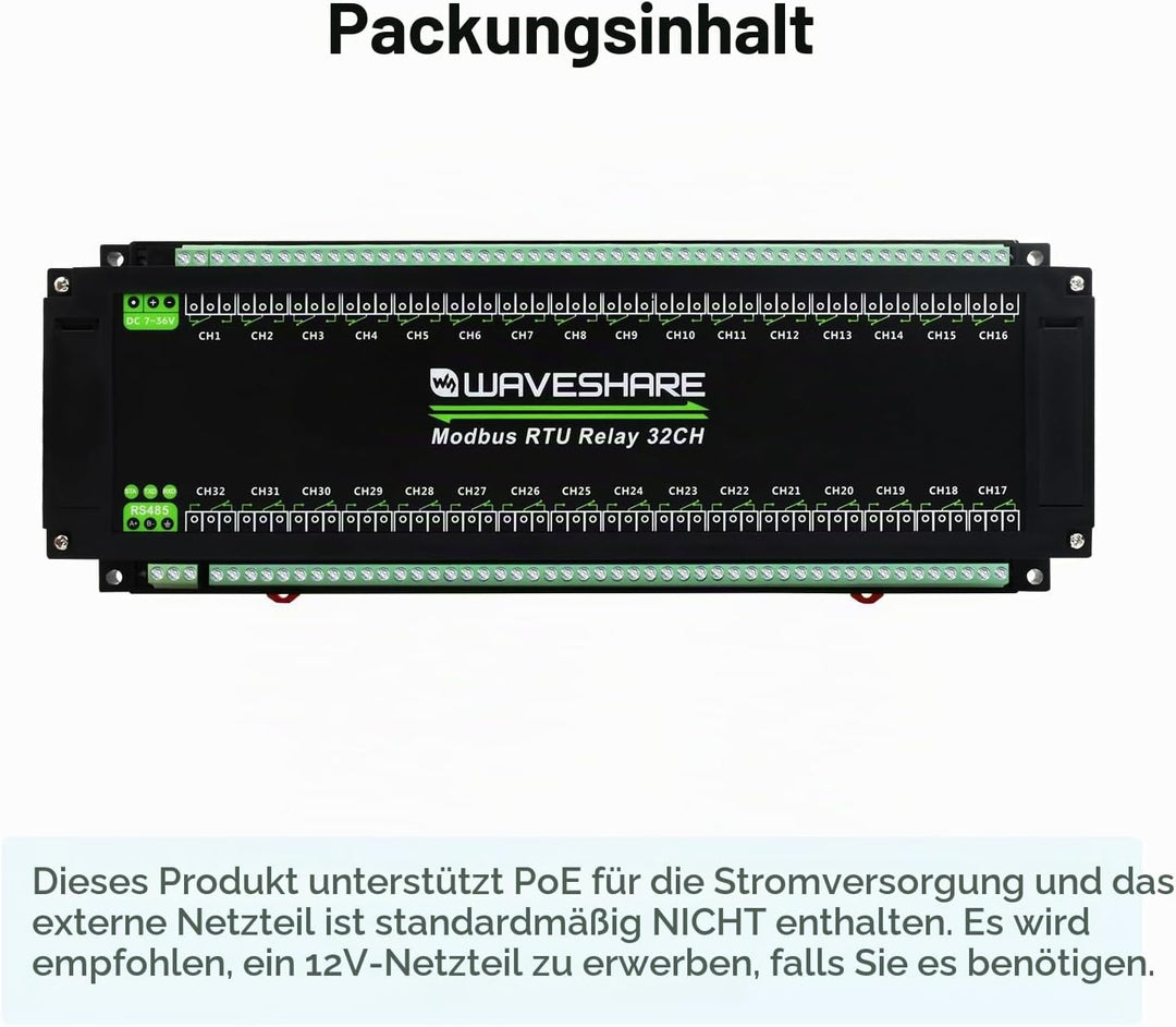 Waveshare Modbus RTU 32-Ch Relay Module, RS485 Interface, with Multiple Isolation Protection Circuit