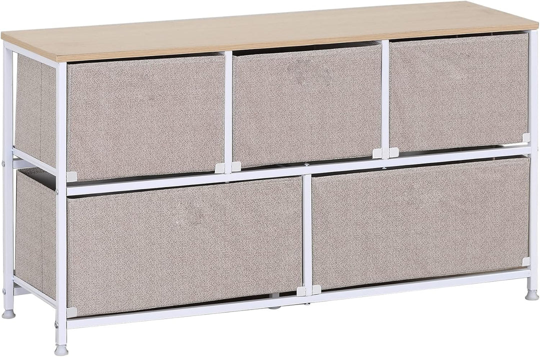 Rebecca Mobili Stoffkommode mit 5 Schubladen, niedrige Schubladen, weiss-beige, Metallrahmen, für Ba