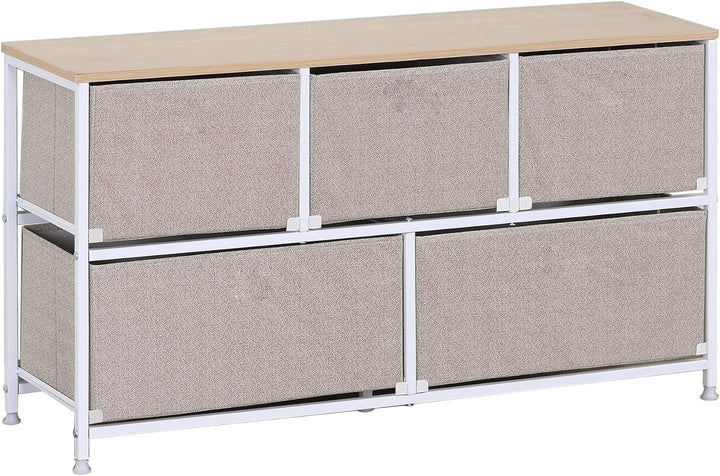 Rebecca Mobili Stoffkommode mit 5 Schubladen, niedrige Schubladen, weiss-beige, Metallrahmen, für Ba