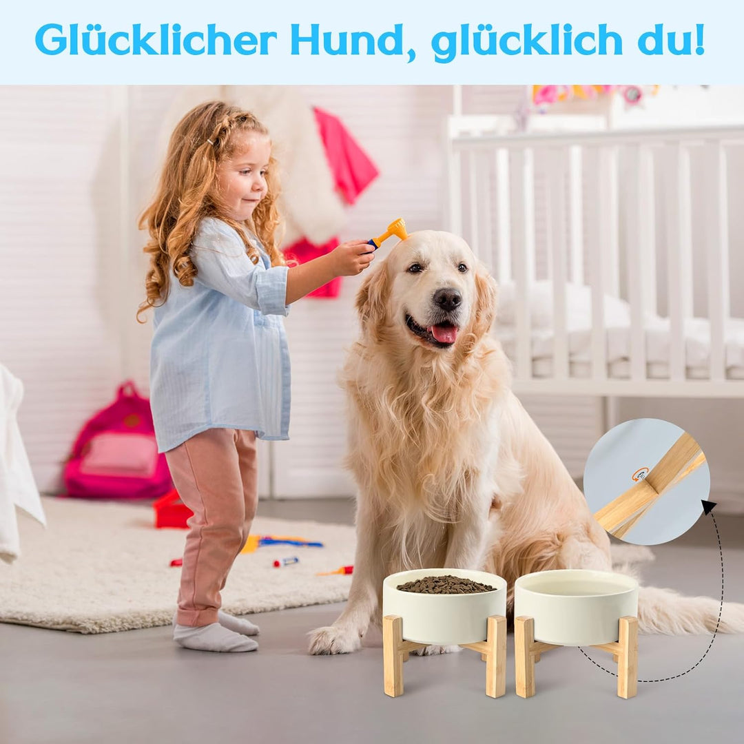 SPUNKYJUNKY Hundenapf Keramik Erhöhter Futternapf Set mit Bambus Ständer für Katzen und Hunde (400ml