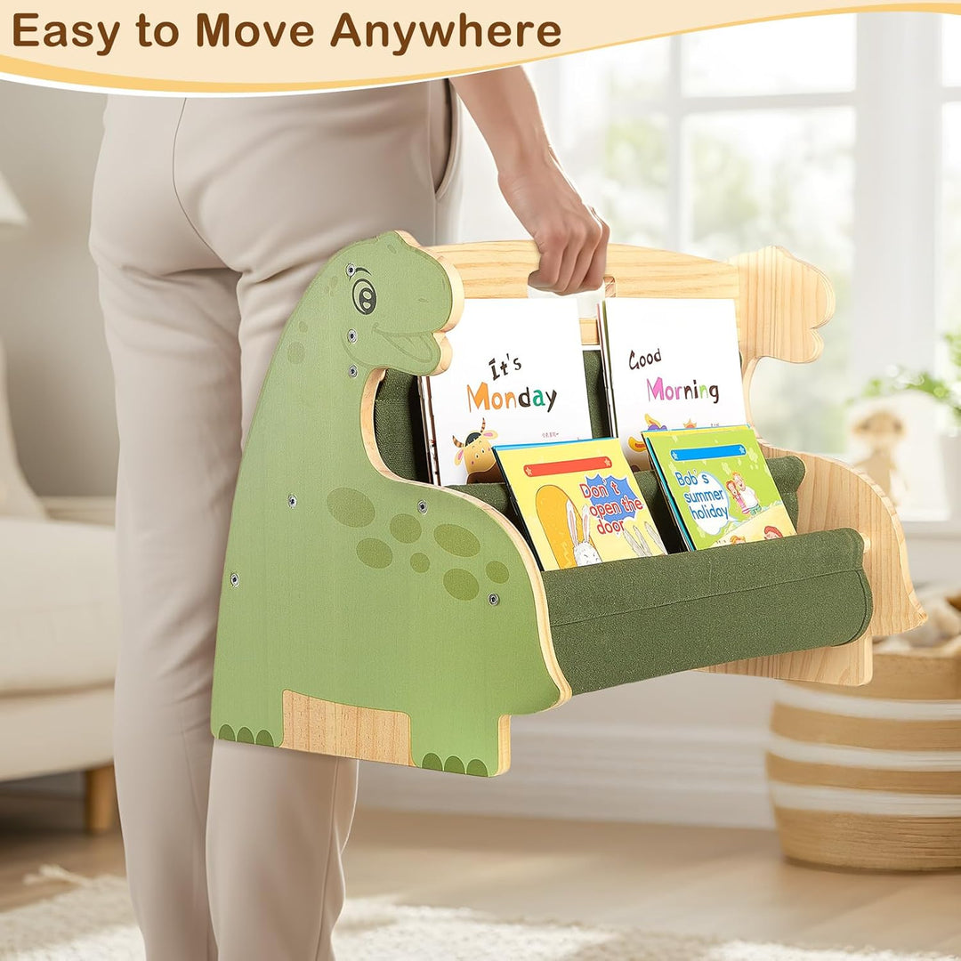 MHJY Bücherregal Kinder, doppelseitiges Holzregal mit robusten Canvas-Taschen, Montessori Stil, trag