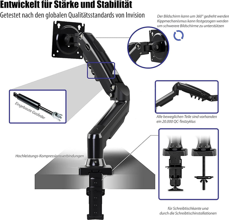 Invision Monitor Halterung für 17-27 Zoll Bildschirme, Monitor Arme, Bildschirmhalterung 1 Monitor,