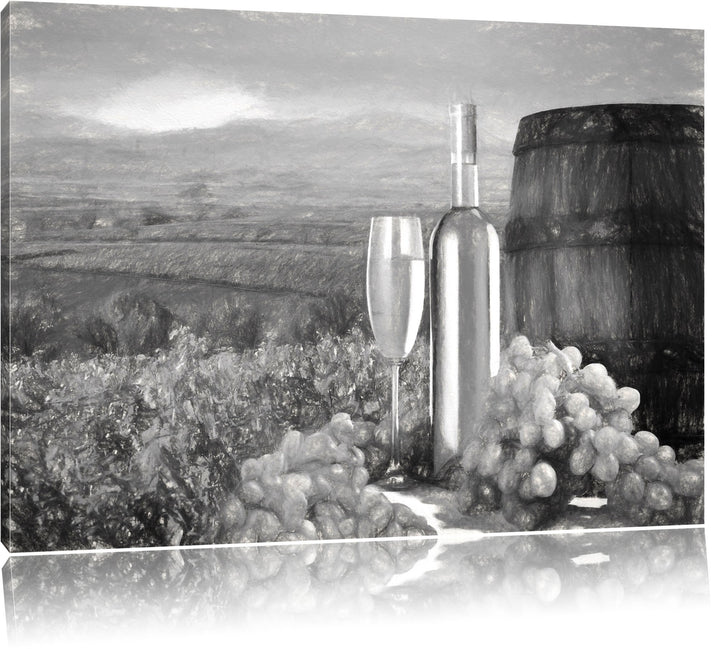 Pixxprint Weinreben mit Weinflasche und Fass als Leinwandbild/Grösse: 100x70 cm/Wandbild/Kunstdruck/