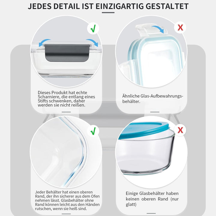 Glas-Frischhaltedosen Set für Lebensmittel,18 Teile (9Behälter, 9 Transparente Deckel) Spülmaschinen