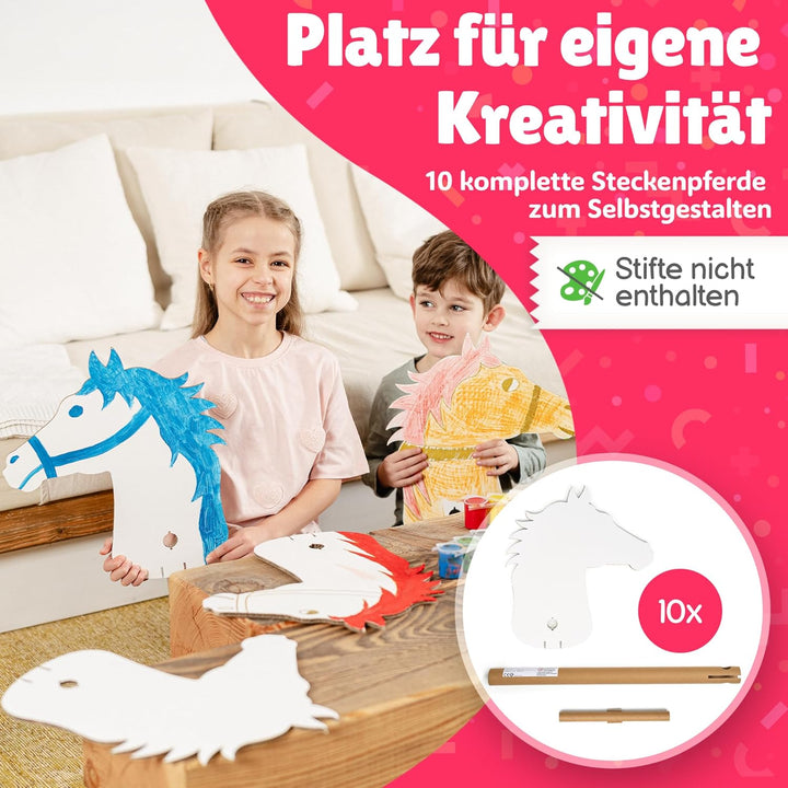 Steckenpferde Set aus Pappe | 10 Stück zum Bemalen und Spielen | Pferde Bastelset zum Zusammenstecke