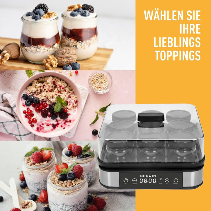 BROWIN® Joghurt-Maker mit Thermostat, Joghurtbereiter mit 1,6 l Fassungsvermögen, 9 Gläser, Weiss |