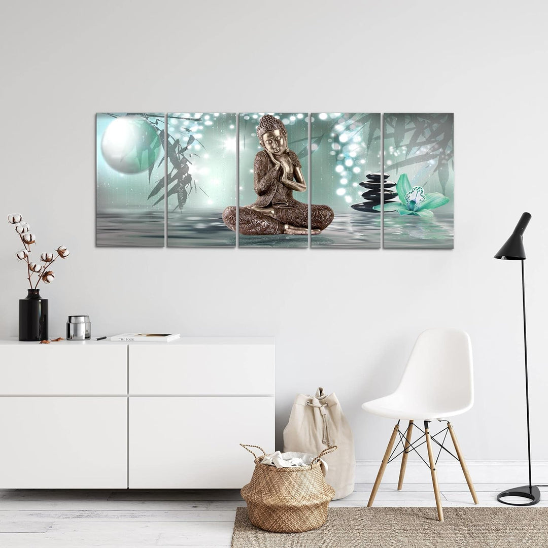 Runa Art Wandbild XXL Buddha Feng Shui Wohnzimmer Schlafzimmer 200 x 80 cm Schwarz Weiss 5 Teilig -