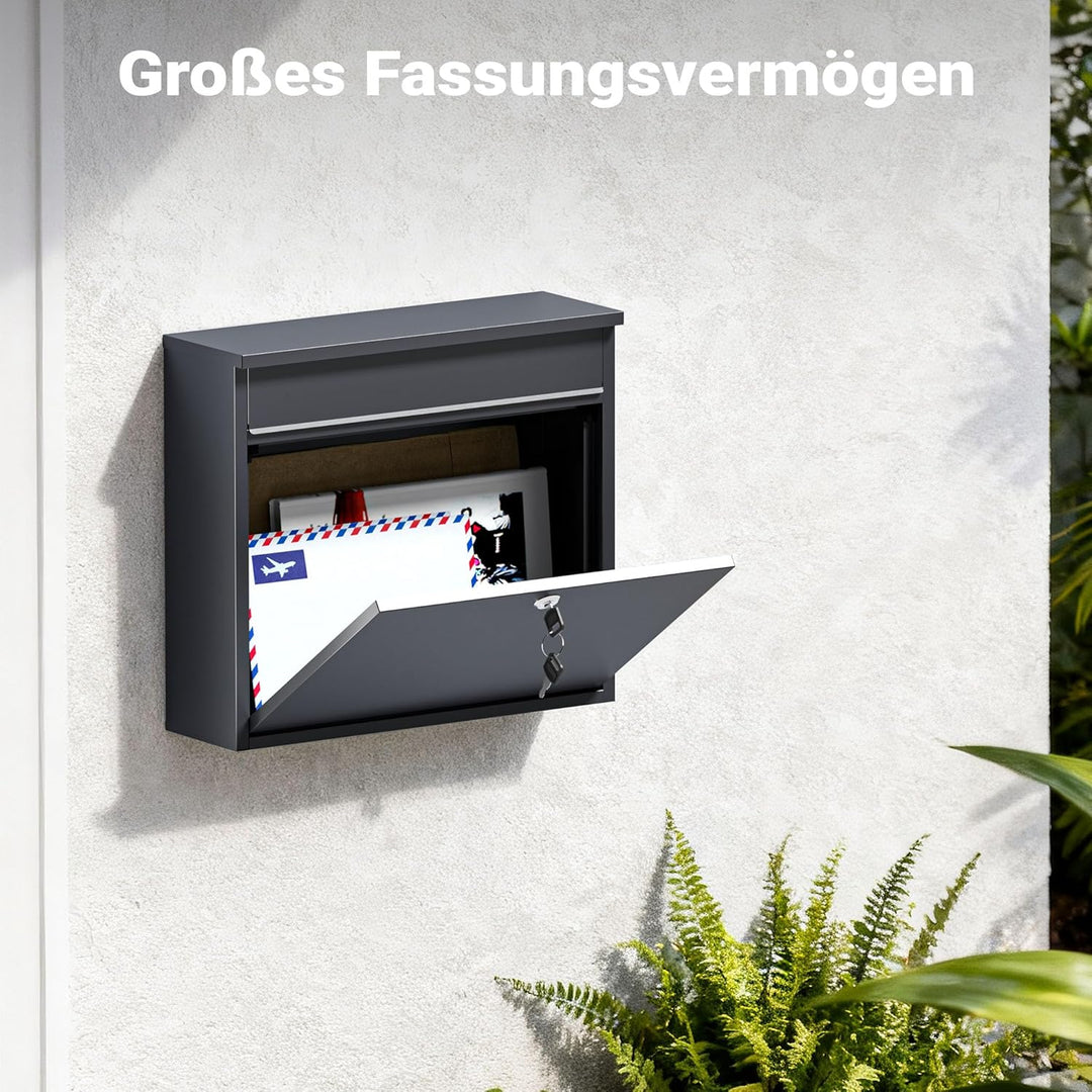 Wiltec Briefkasten V13 Anthrazit 360 x 105 x 315 mm, Wandbriefkasten mit Schloss und Klappe, Postkas