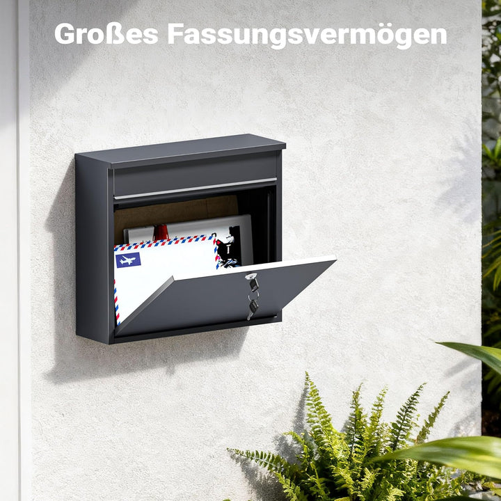 Wiltec Briefkasten V13 Anthrazit 360 x 105 x 315 mm, Wandbriefkasten mit Schloss und Klappe, Postkas