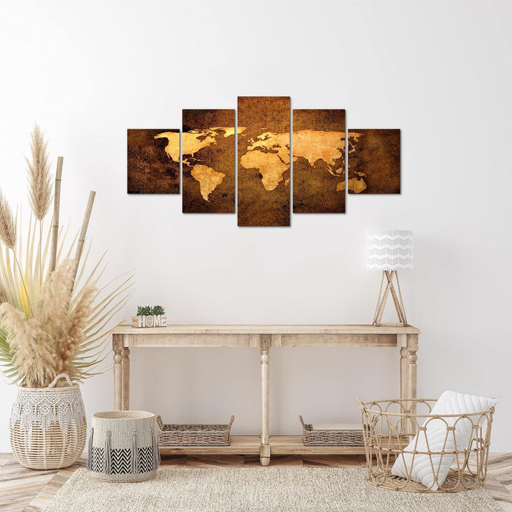 Runa Art Wandbilder Weltkarte 5 Teilig Bild auf Vlies Leinwand Deko Büro Wohnzimmer Abstrakt Beige B