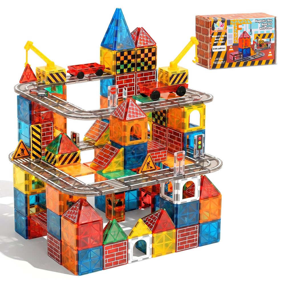 Playpals Magnetische Bausteine Stadt-Strassenset, 60-teilig mit Kran | STEM-Lernen, Verkehrszeichen,