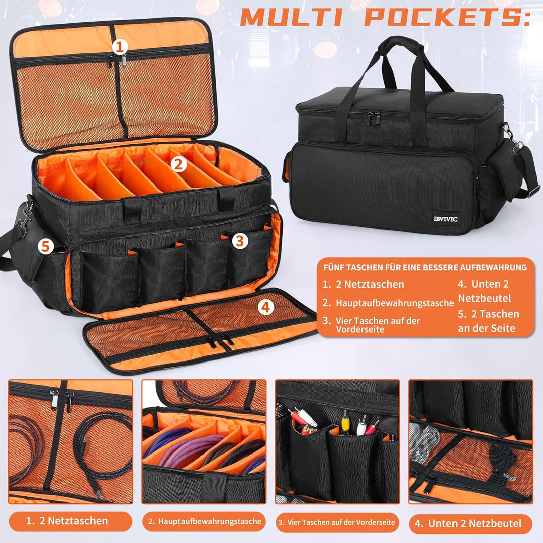 OUUTMEE DJ Tasche, Cable File Bag, Gig Bag, Abnehmbarer Gepolsterter Unterseite und Teilern, für pro