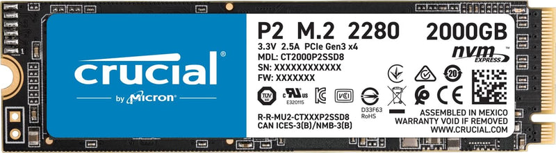 Crucial P2 2TB M.2 PCIe Gen3 NVMe Internes SSD - Bis zu 2400MB/s - CT2000P2SSD8, 2TB