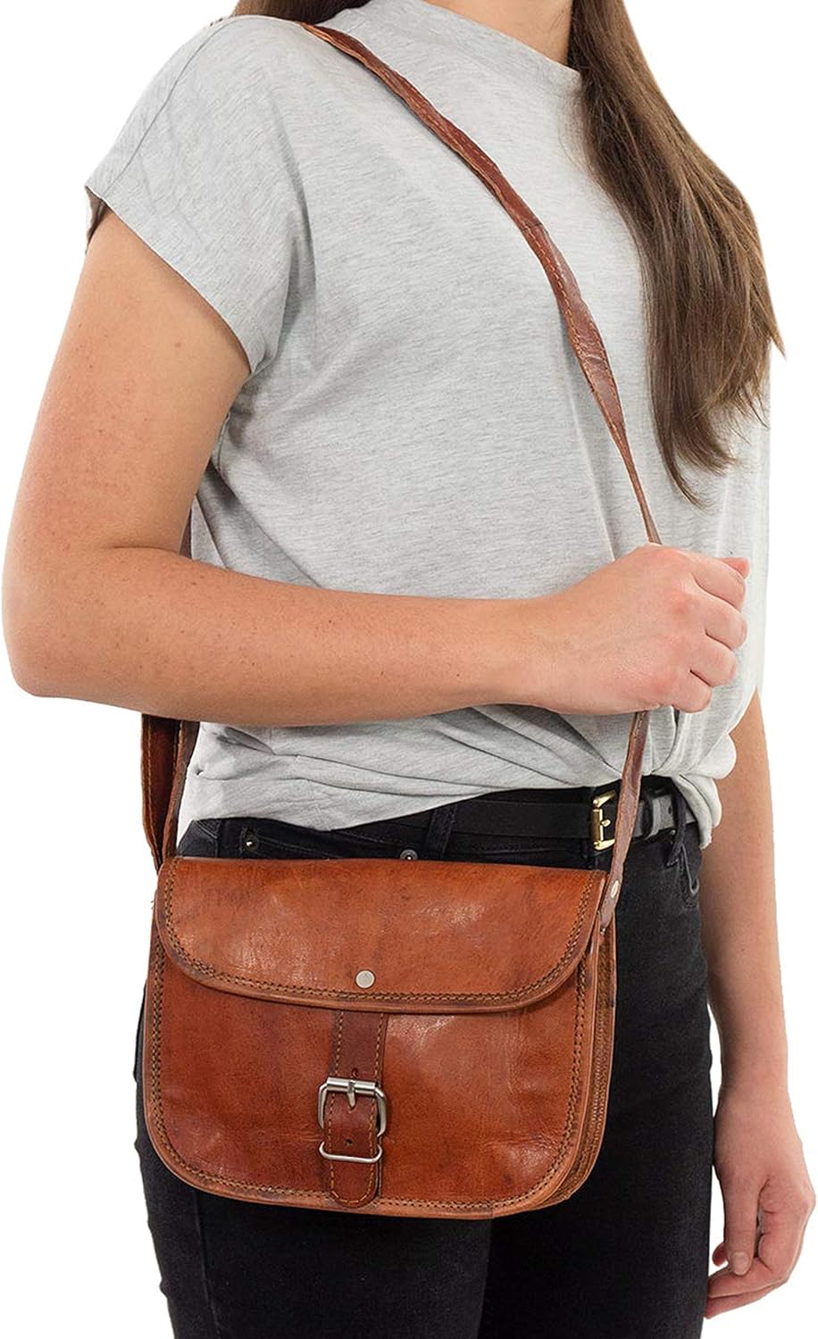 Gusti Umhängetasche Leder - Mary S Damen Handtasche Umhängetasche klein Vintage Braun Leder Braun M,