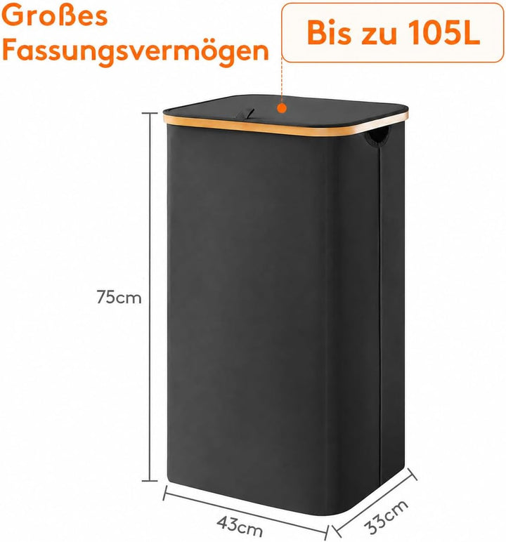 Lifewit 100L Wäschekorb mit Deckel, Wäschekörbe für Wäsche mit Bambus Griffe und Eine Abnehmbare Wäs
