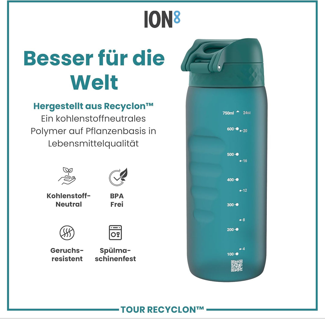 Ion8 Trinkflasche, 750ml, Auslaufsicher, Einhandöffnung, Sichere Verriegelung, Spülmaschinenfest, BP