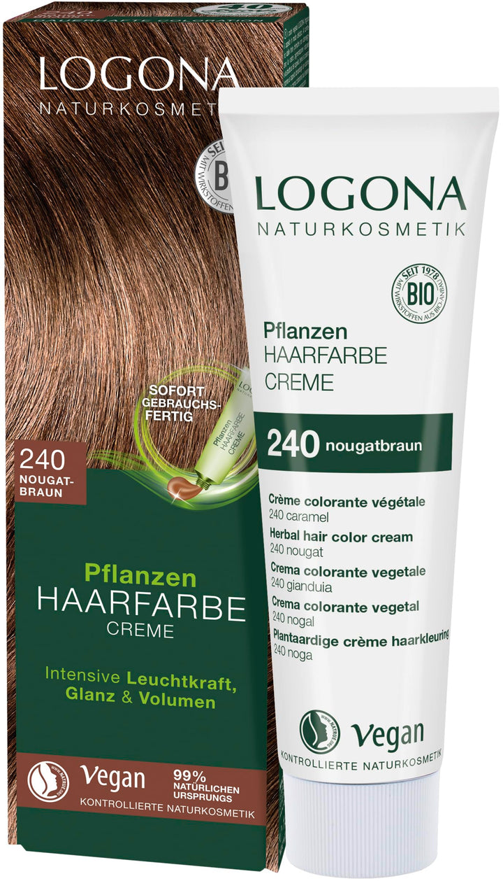 LOGONA Naturkosmetik Pflanzen-Haarfarbe Creme 240 Nougatbraun, Braune Natur-Haarfarbe mit Henna, Bra
