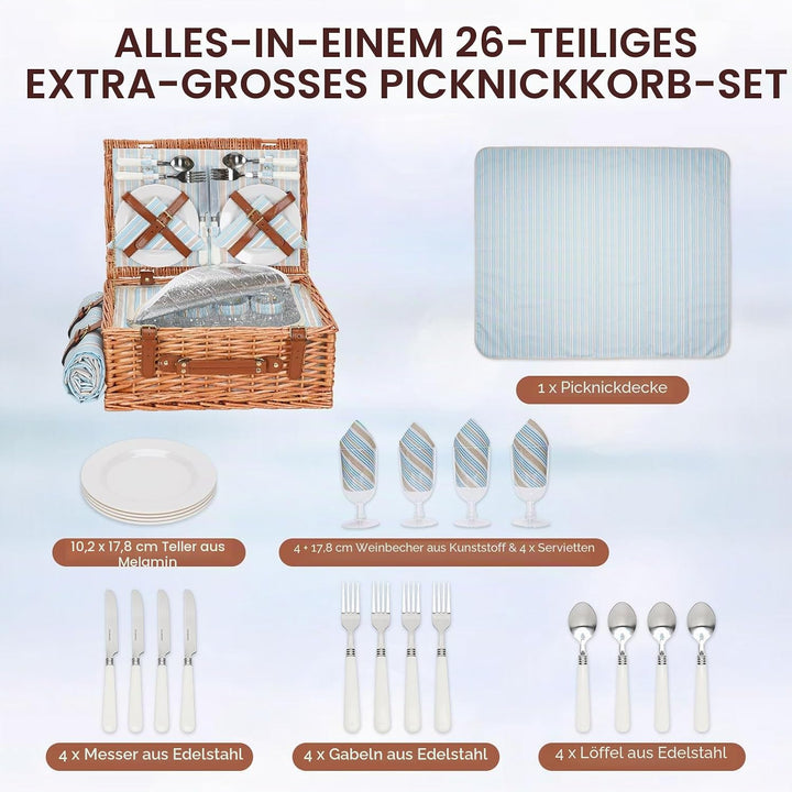 HappyPicnic Wicker Picknickkorb für 4 Personen, Willow Storage Hamper Service Geschenkset für Campin