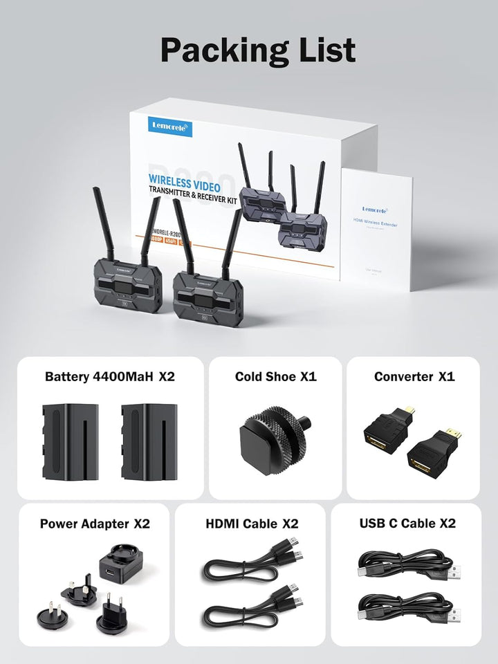 Lemorele Wireless HDMI Transmitter and Receiver mit 2 * 4400mAh Batteries, 200M FHD Drahtloses Video