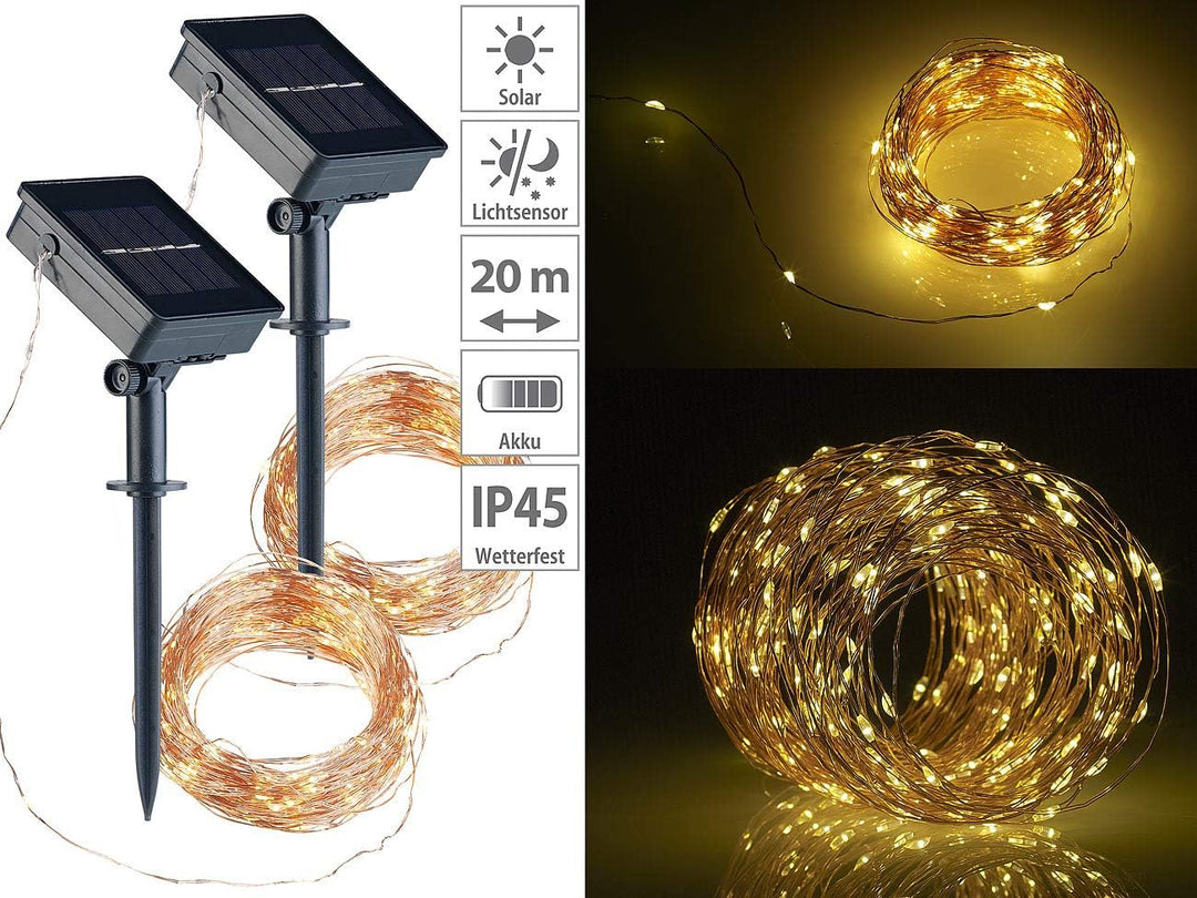 Lunartec Kupfer Lichterkette: 2er-Set Solar-Lichterkette aus Kupferdraht, 200 warmweisse LEDs, 8 Mod