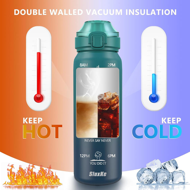 SLUXKE Trinkflasche Edelstahl 1L, Sport Thermosflasche mit Handle, 1000ml BPA freie 18/10 Edelstahlf