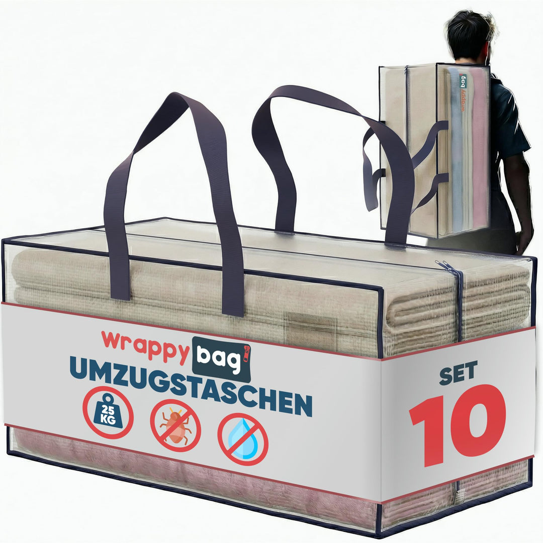 WRAPPYBAG 10er-Set Kunststoff Aufbewahrungstasche – Jumbo XXL Tasche Gross – Wasserabweisend, Stabil