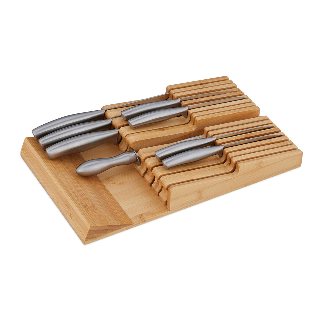 Relaxdays Messerhalter Schublade, für 9 Messer & Wetzstahl, Bambus Messerblock liegend, HxBxT: 5,5 x